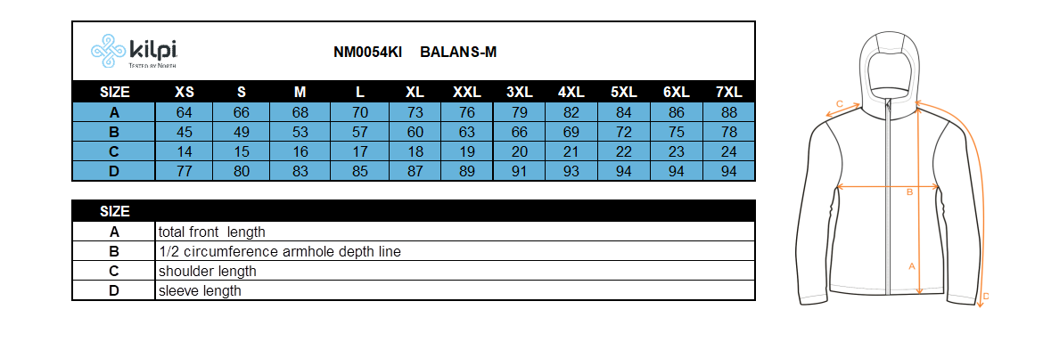 Giacca da corsa da uomo KILPI BALANS-M – Size chart
