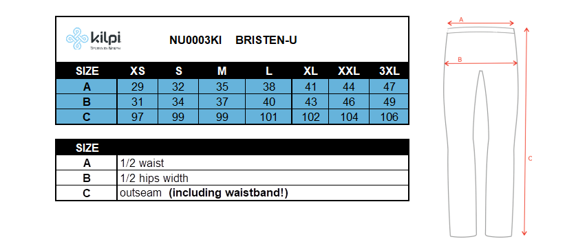 Unisex sport´s leggings KILPI BRISTEN-U – Size chart