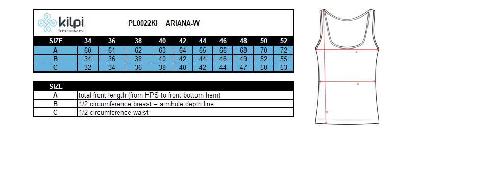 Women's outdoor top Kilpi ARIANA-W – Size chart