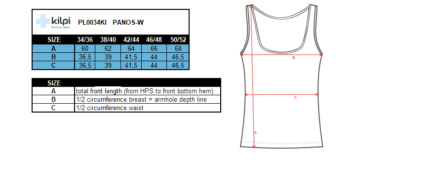 Women's seamless top Kilpi PANOS-W – Size chart