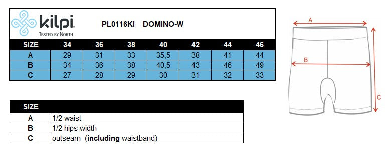 Women's shorts functional leggings Kilpi DOMINO-W – Size chart