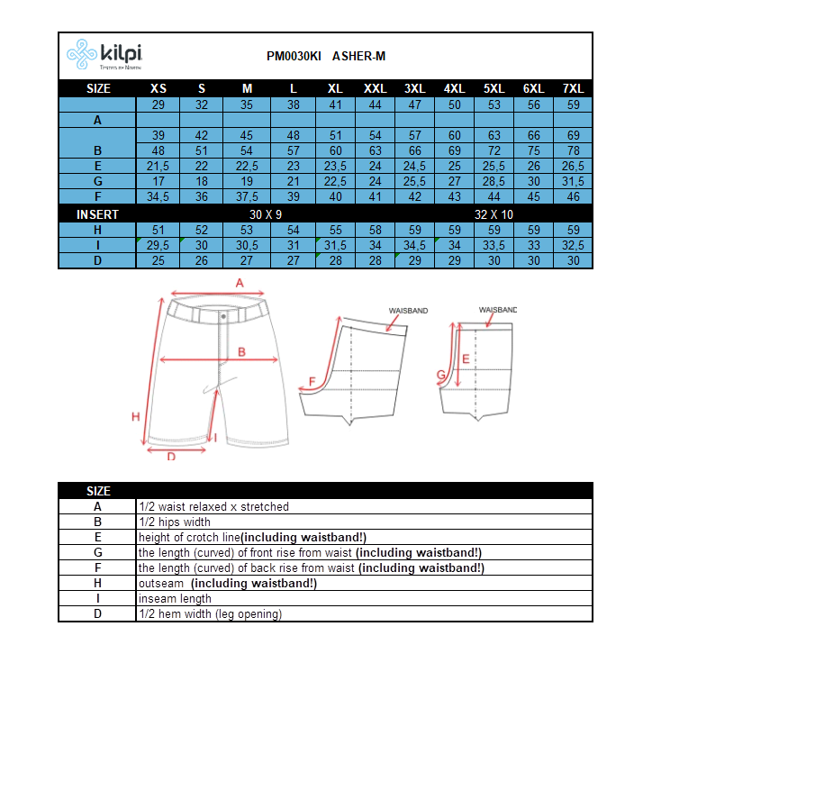Men's light outdoor shorts Kilpi ASHER-M – Size chart