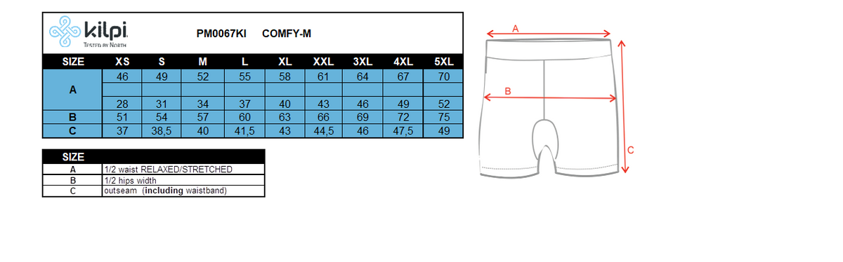 Pantaloncini ultraleggeri da uomo Kilpi COMFY-M – Size chart