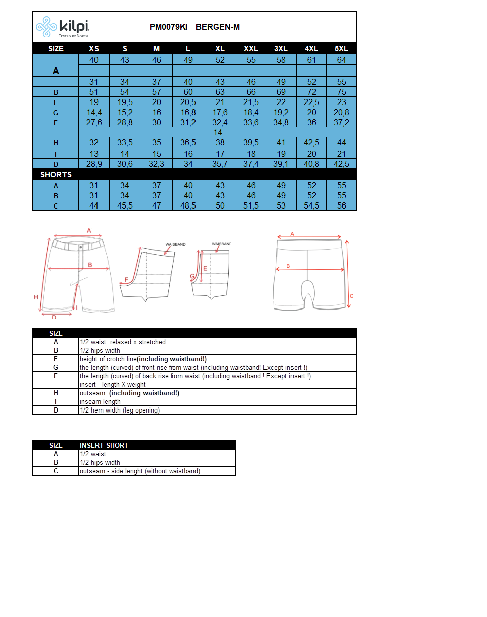 Pantaloncini da corsa da uomo 2 in 1 Kilpi BERGEN-M – Size chart