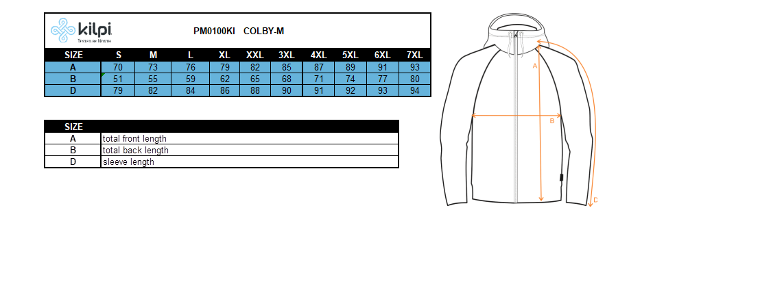 Men's cotton sweatshirt Kilpi COLBY-M – Size chart