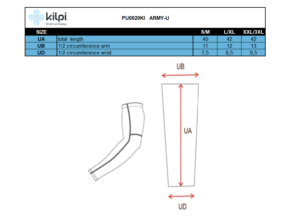 Scaldabraccia Kilpi ARMY-U – Size chart