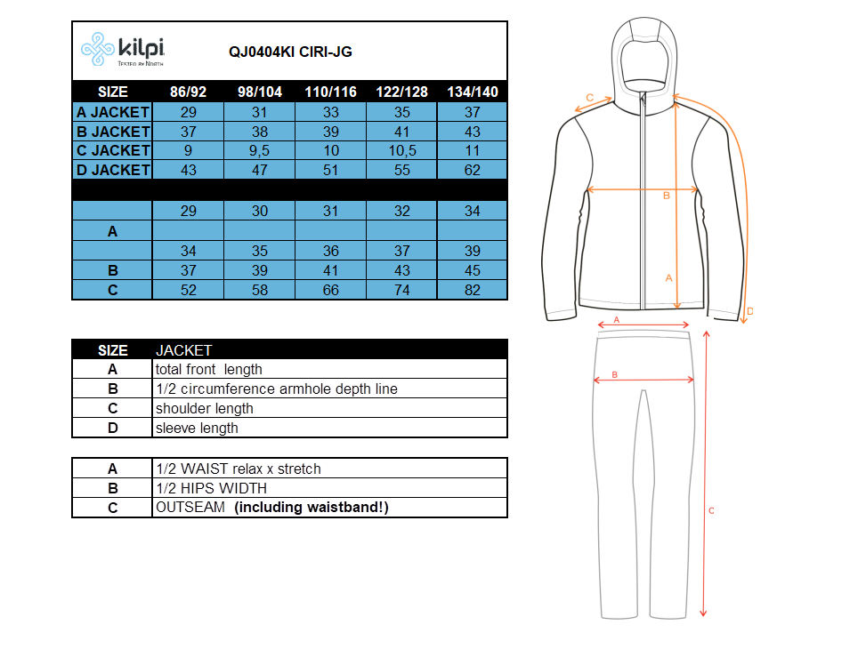 Girl´s ski overall Kilpi CIRI-JG – Size chart