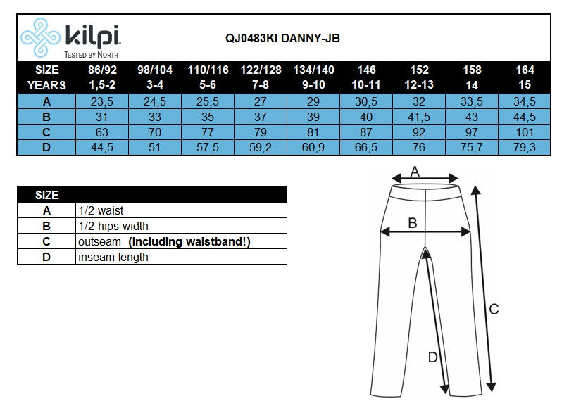Kid's cotton pants Kilpi DANNY-J – Size chart