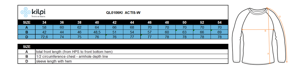 Women´s outdoor jacket Kilpi ACTIS-W – Size chart