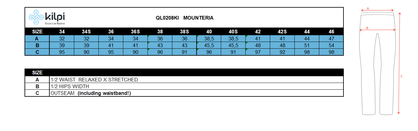 Women's outdoor pants Kilpi MOUNTERIA-W – Size chart