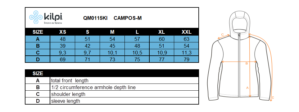 Men´s cycling long sleeve jersey Kilpi CAMPOS-M – Size chart