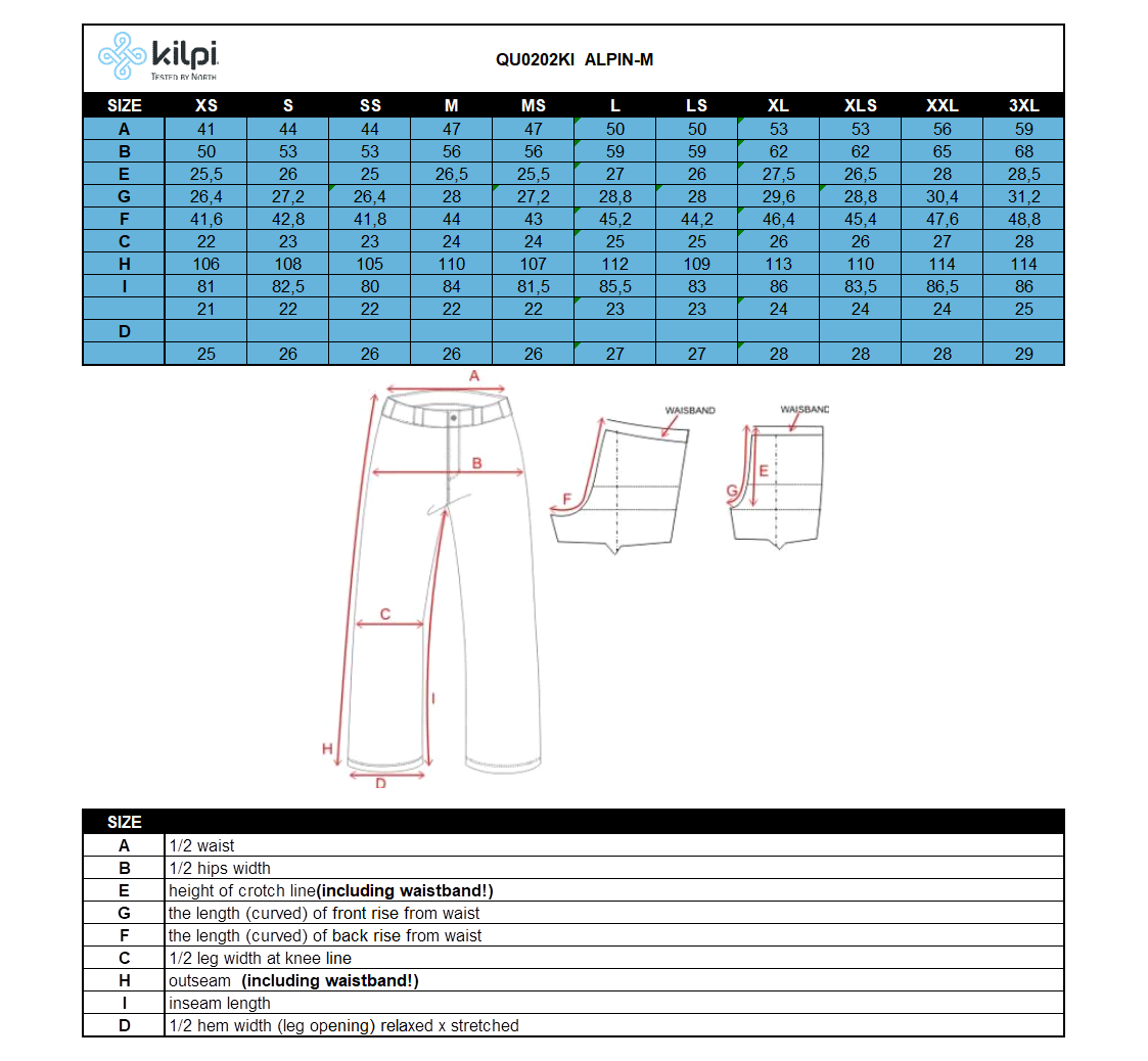 Men´s outdoor pants Kilpi ALPIN-M – Size chart