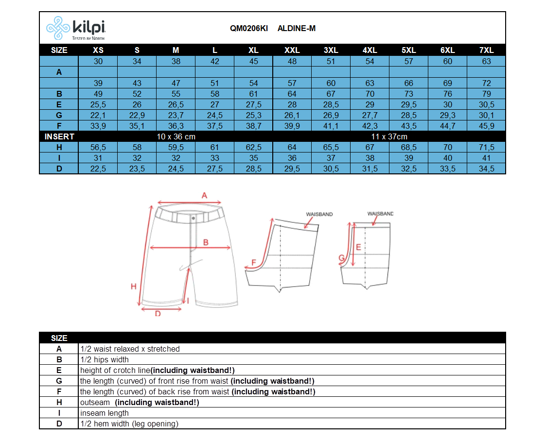 Pantaloncini softshell da uomo Kilpi ALDINE-M – Size chart