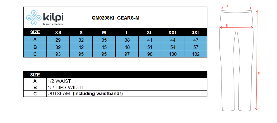 Men's running leggings Kilpi GEARS-M – Size chart