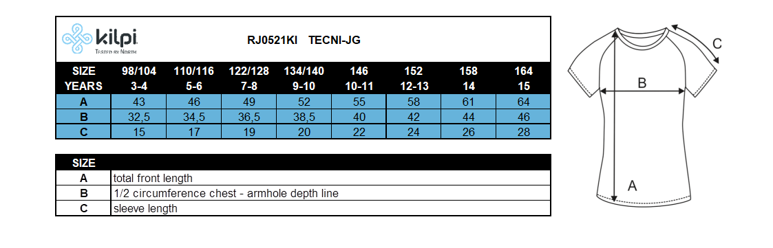 T-shirt tecnica da ragazza Kilpi TECNI-JG – Size chart