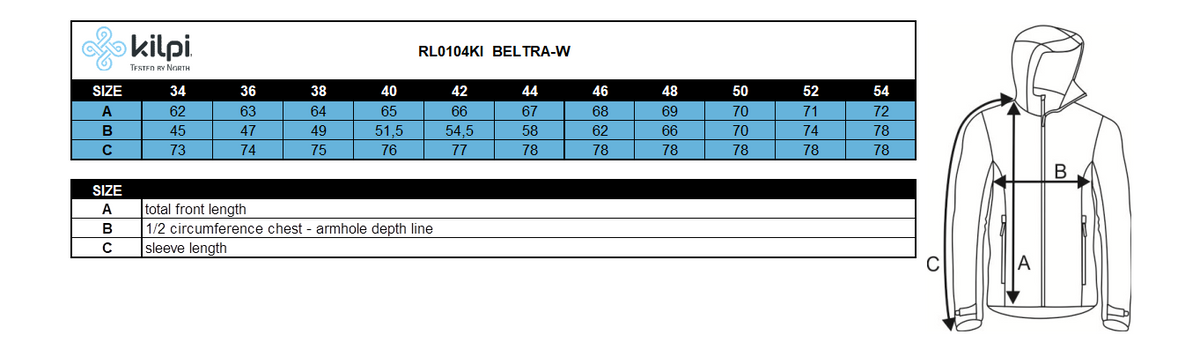 Women's softshell jacket Kilpi BELTRA-W – Size chart