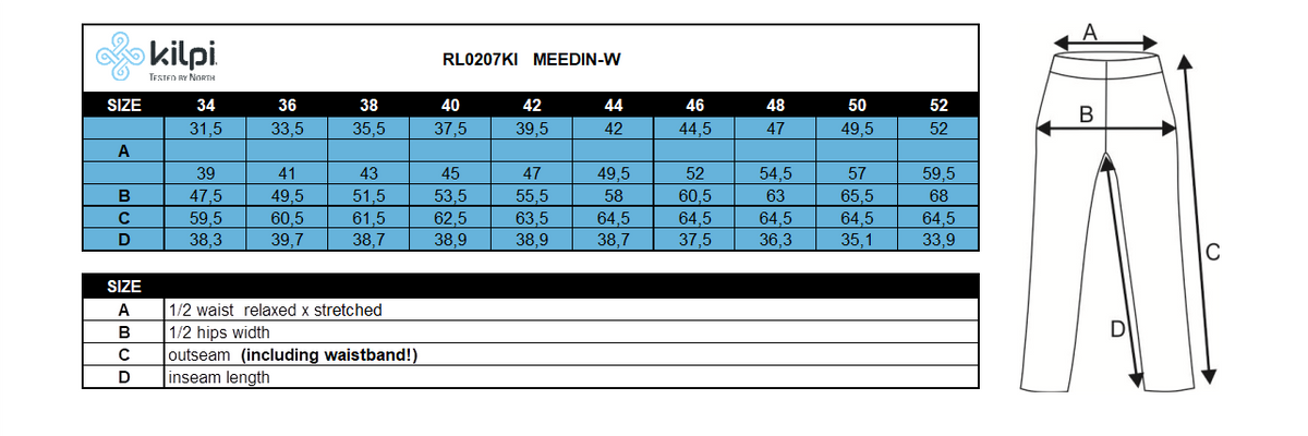 DONNApantaloni da esterno a 3/4 Kilpi MEEDIN-W – Size chart