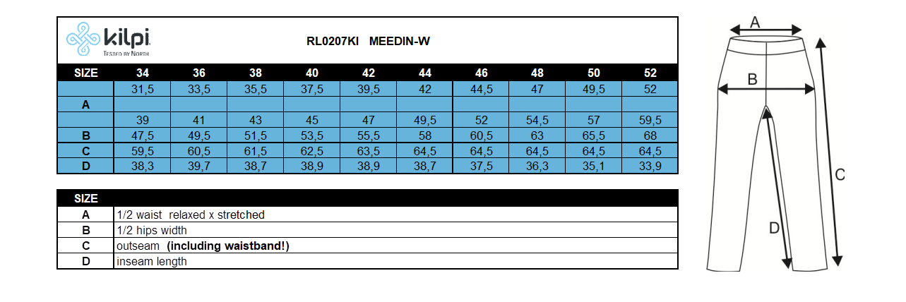 DONNApantaloni da esterno a 3/4 Kilpi MEEDIN-W – Size chart