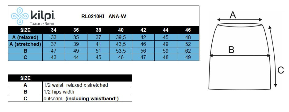 DONNAla gonna da esterno Kilpi ANA-W – Size chart