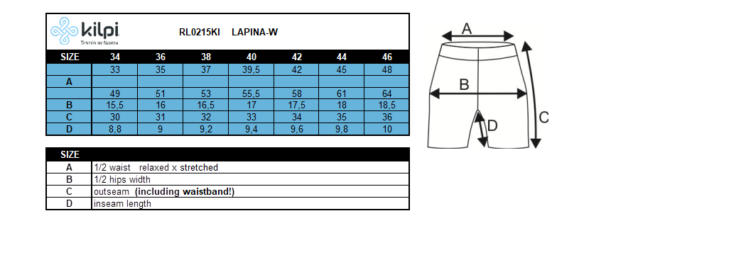 DONNAha i pantaloncini da corsa Kilpi LAPINA-W – Size chart