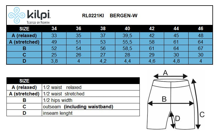Women's running shorts Kilpi BERGEN-W – Size chart