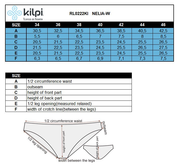 Women's panties 2 pack Kilpi 2P NELIA-W – Size chart