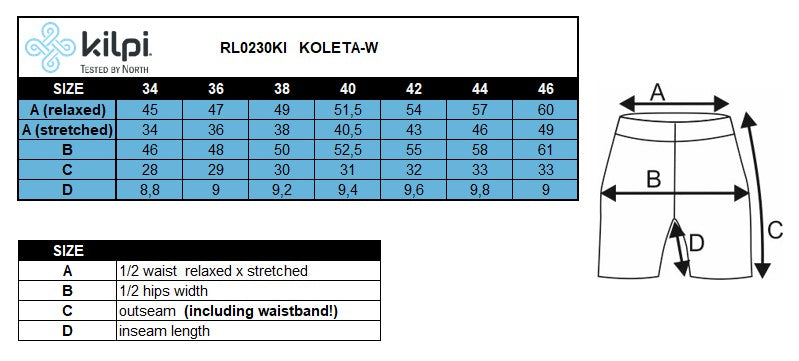 DONNAi pantaloncini Kilpi KOLETA-W – Size chart