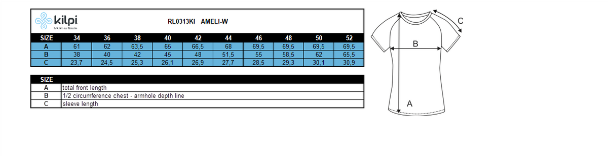 Women's running T-shirt Kilpi AMELI-W – Size chart