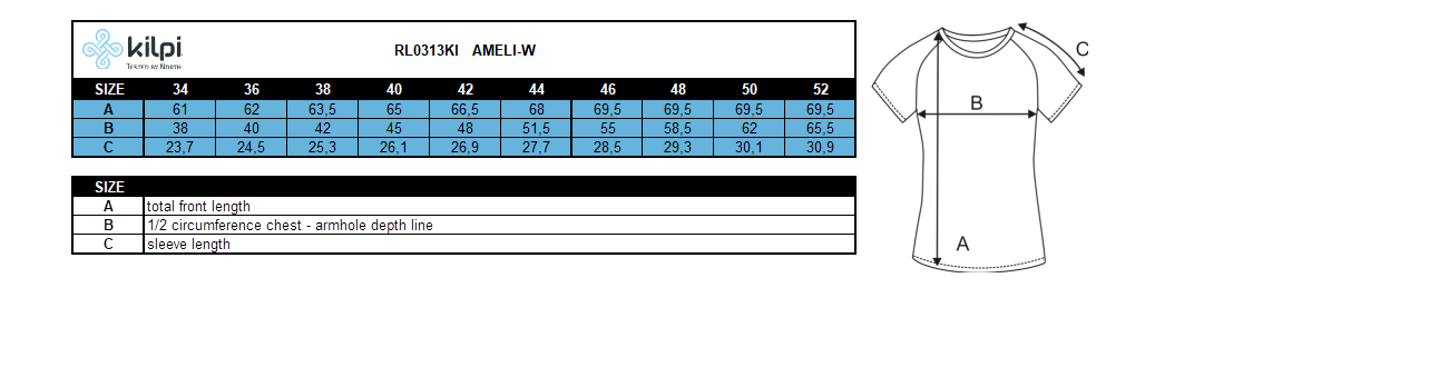 Women's running T-shirt Kilpi AMELI-W – Size chart