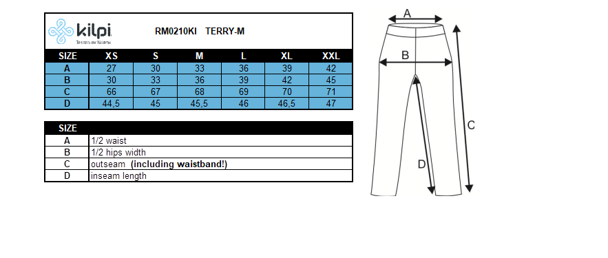Men's running 3/4 leggings Kilpi TERRY-M – Size chart