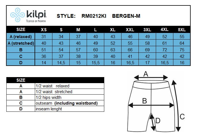 Men's running shorts Kilpi BERGEN-M – Size chart