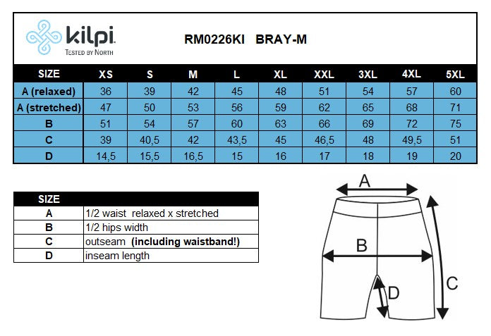 Men's shorts Kilpi BRAY-M – Size chart