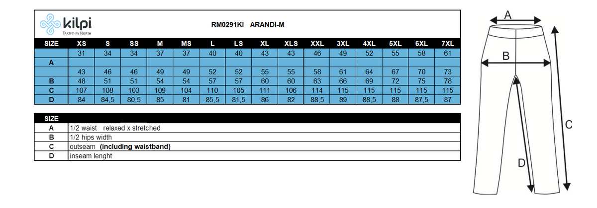 Men´s outdoor pants Kilpi ARANDI-M – Size chart