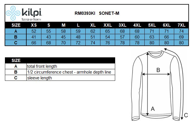 Men's cycling merino jersey Kilpi SONET-M – Size chart