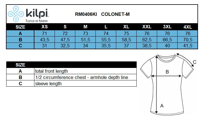 Men´s t-shirt Kilpi COLONET-M – Size chart