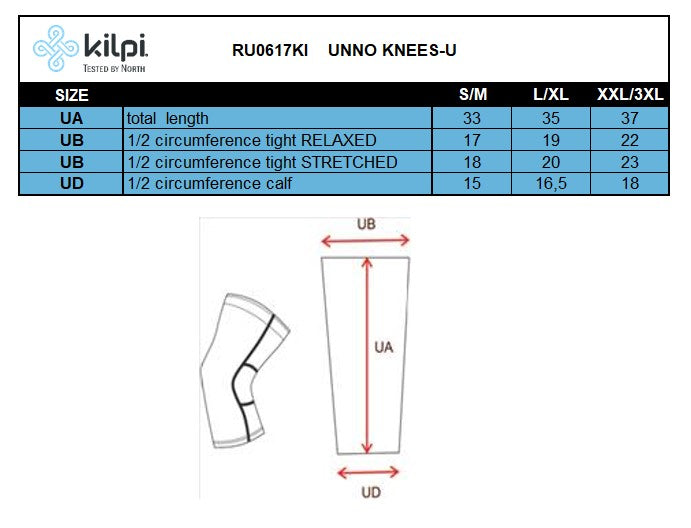 Unisex knee warmers Kilpi UNNO KNEES-U – Size chart