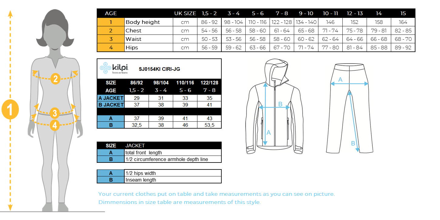 Girl's ski overall Kilpi CIRI-JG – Size chart