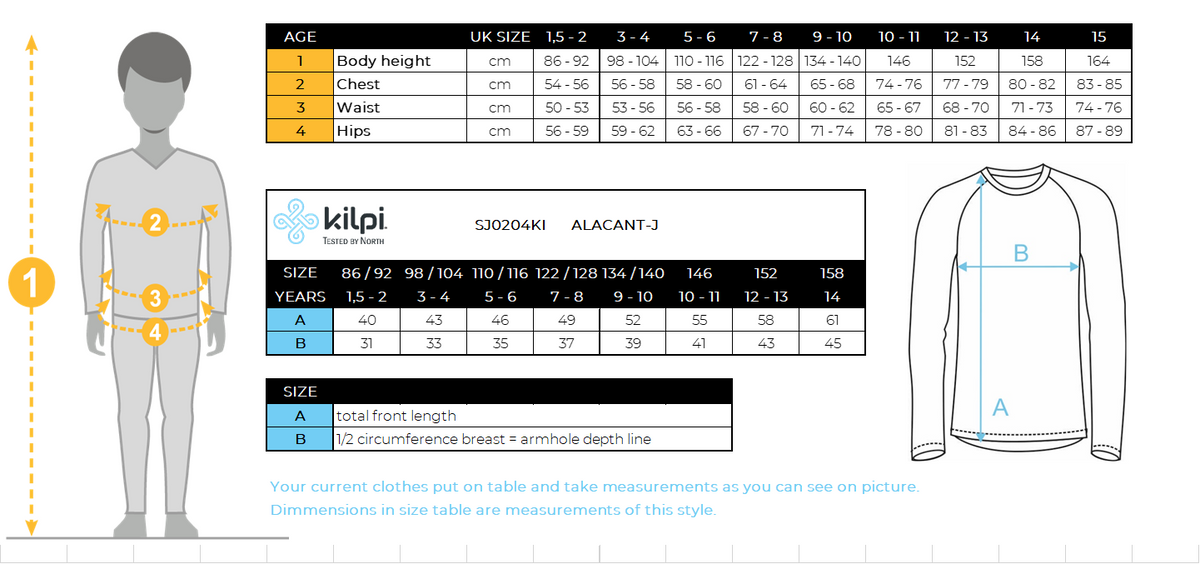 Kid´s fleece middle layer Kilpi ALACANT-J – Size chart