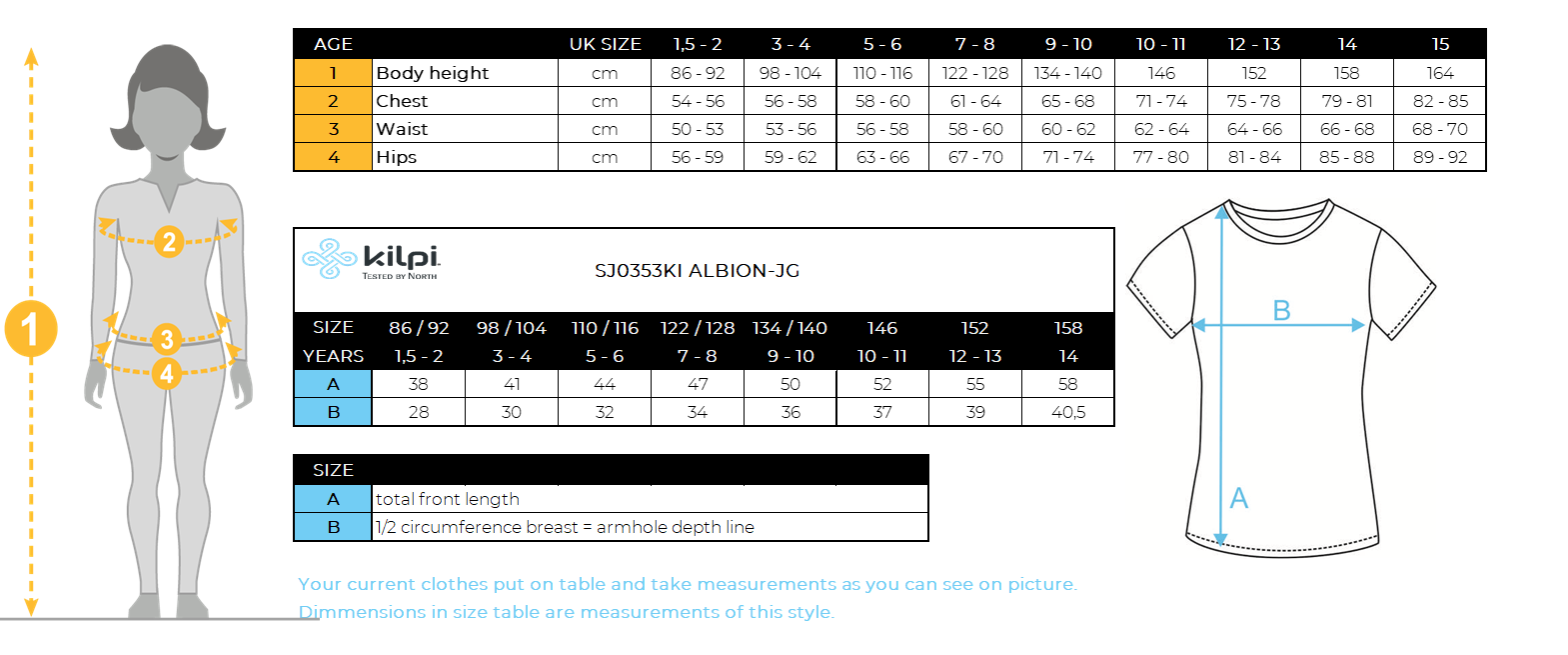 Girl's cotton T-shirt Kilpi ALBION-JG – Size chart