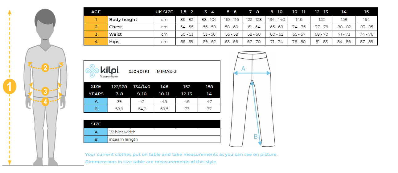Kid's ski pants Kilpi MIMAS-J – Size chart