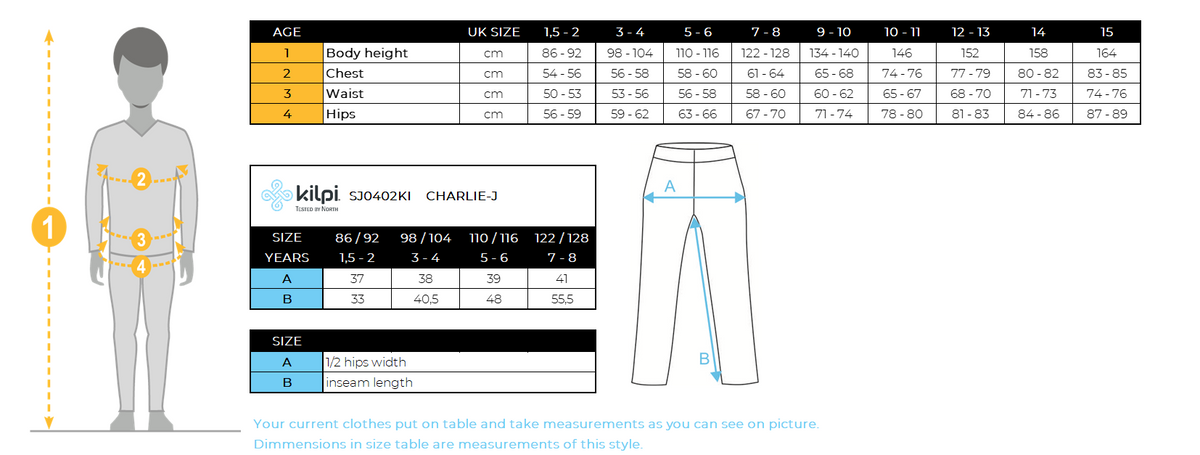 Pantaloni da sci per bambini Kilpi CHARLIE-J – Size chart