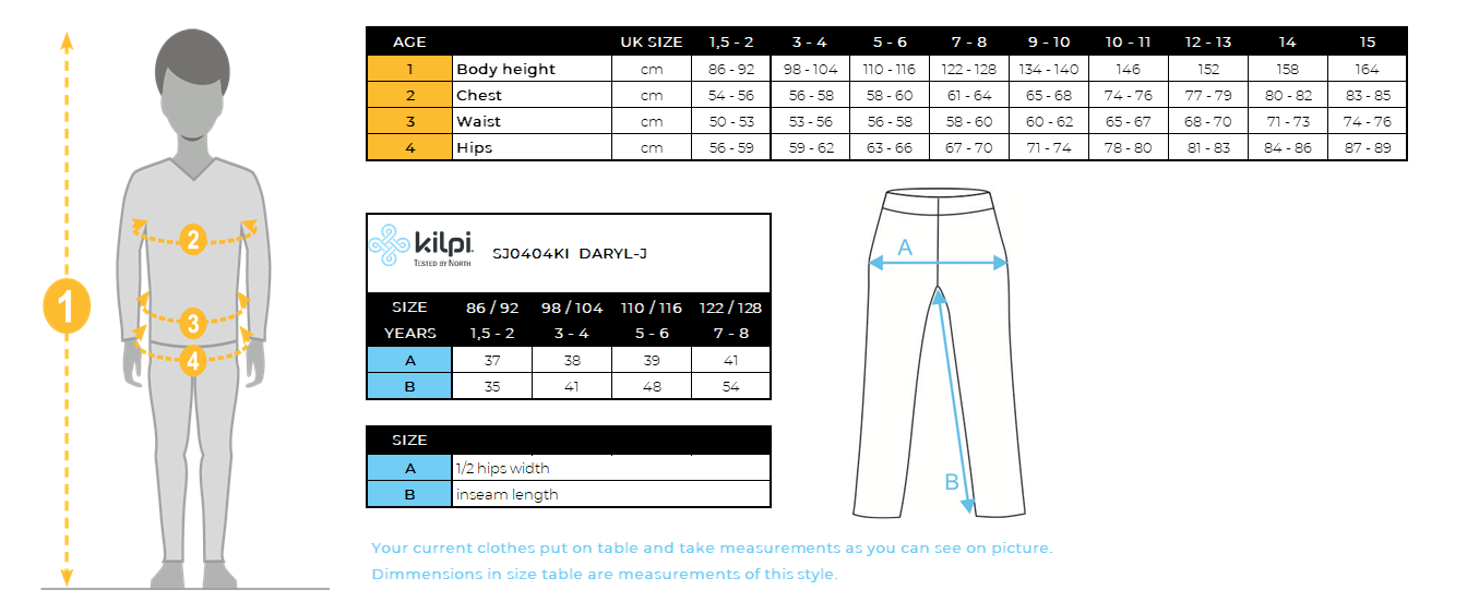 Kid's ski pants Kilpi DARYL-J – Size chart