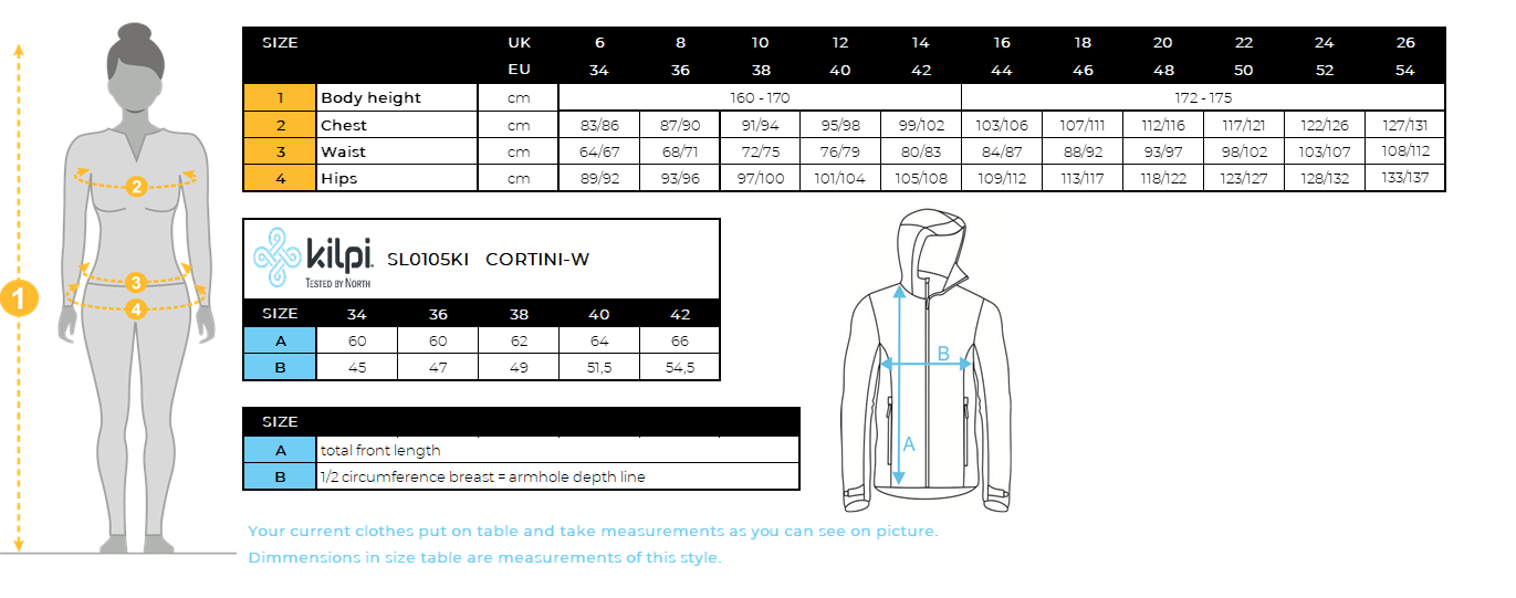 DONNAla giacca da sci Kilpi CORTINI-W – Size chart