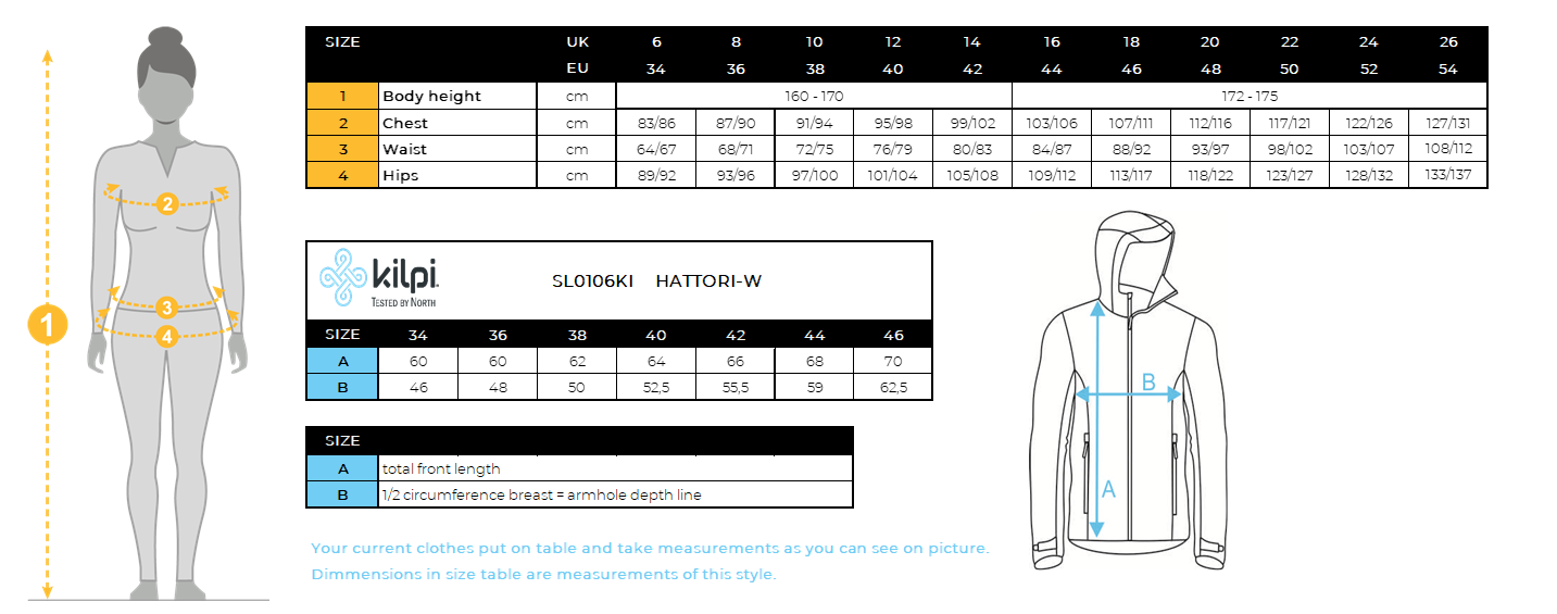 Women's ski jacket Kilpi HATTORI-W – Size chart