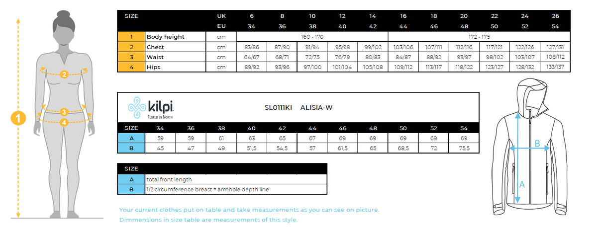 Women´s ski jacket Kilpi ALISIA-W – Size chart