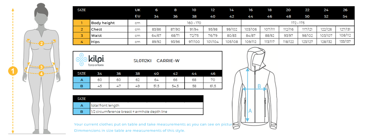 Women´s ski jacket Kilpi CARRIE-W – Size chart
