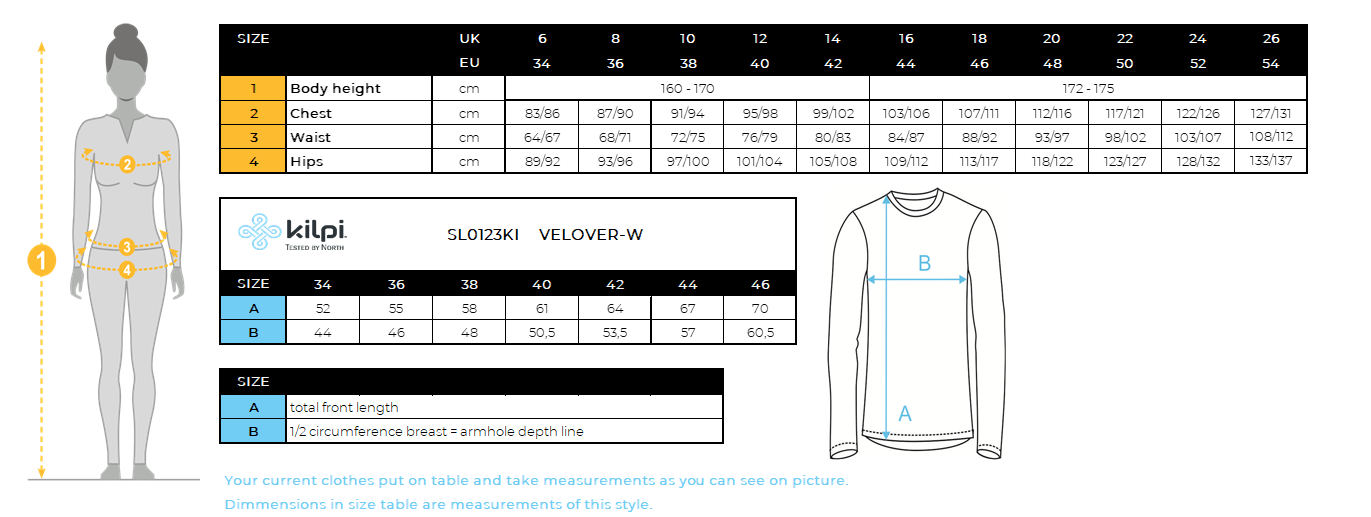 Women's softshell cycling jacket Kilpi VELOVER-W – Size chart