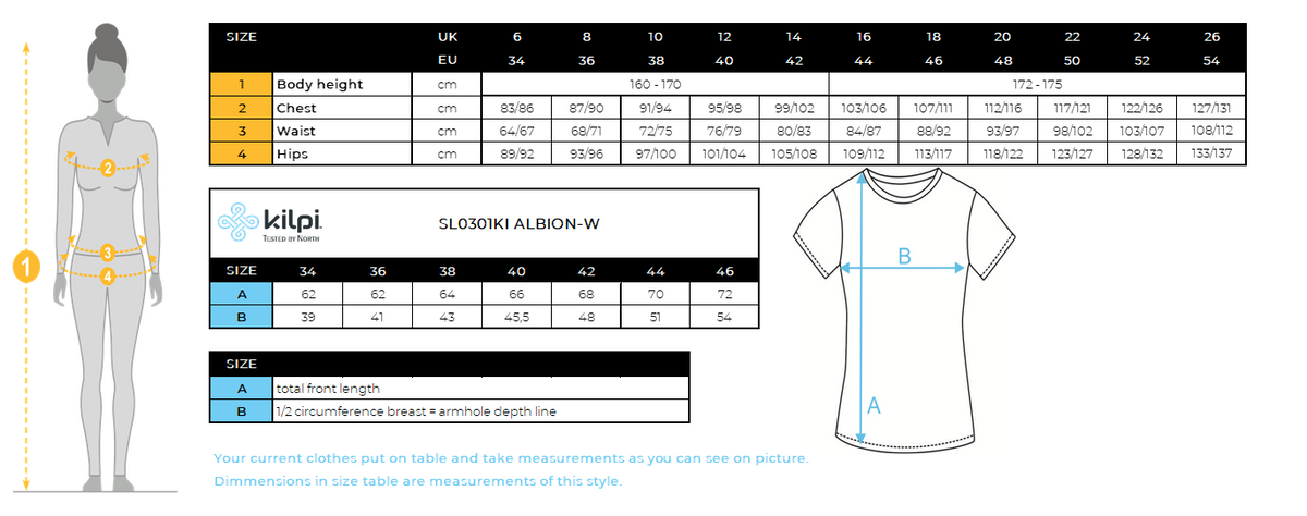 Women's cotton T-shirt Kilpi ALBION-W – Size chart
