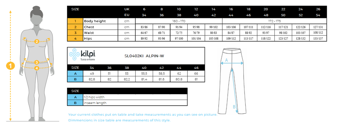 Women´s outdoor waterproof pants Kilpi ALPIN-W – Size chart