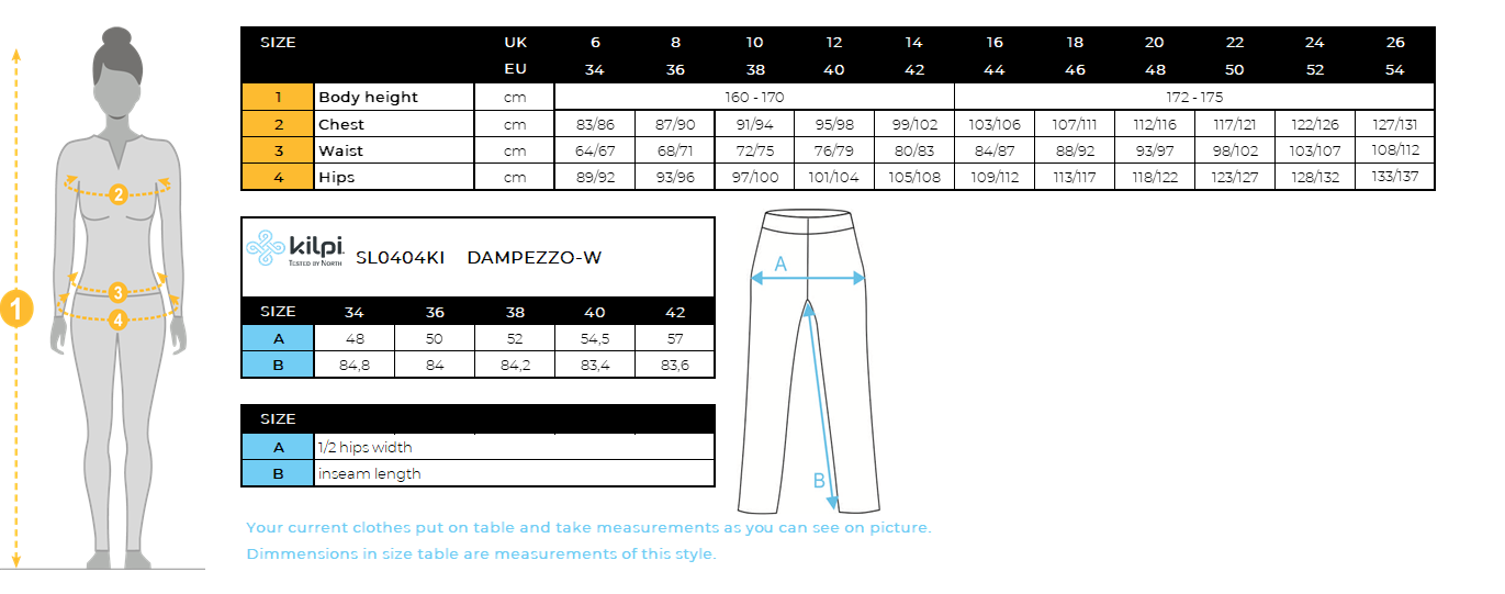 Women's ski pants Kilpi DAMPEZZO-W – Size chart